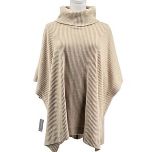 Van Heusen Sweater Cape Womens Medium Beige Turtleneck Short Sleeve Tight-Knit